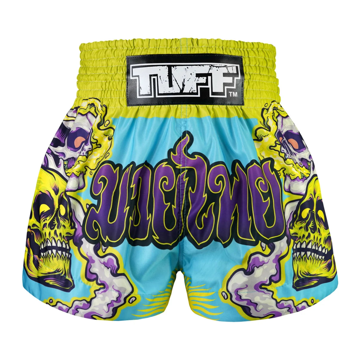 TUFF MUAY THAI SHORTS TRIPPY SKULL GREEN/CYAN
