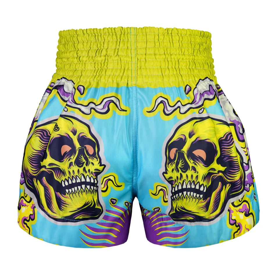 TUFF MUAY THAI SHORTS TRIPPY SKULL GREEN/CYAN