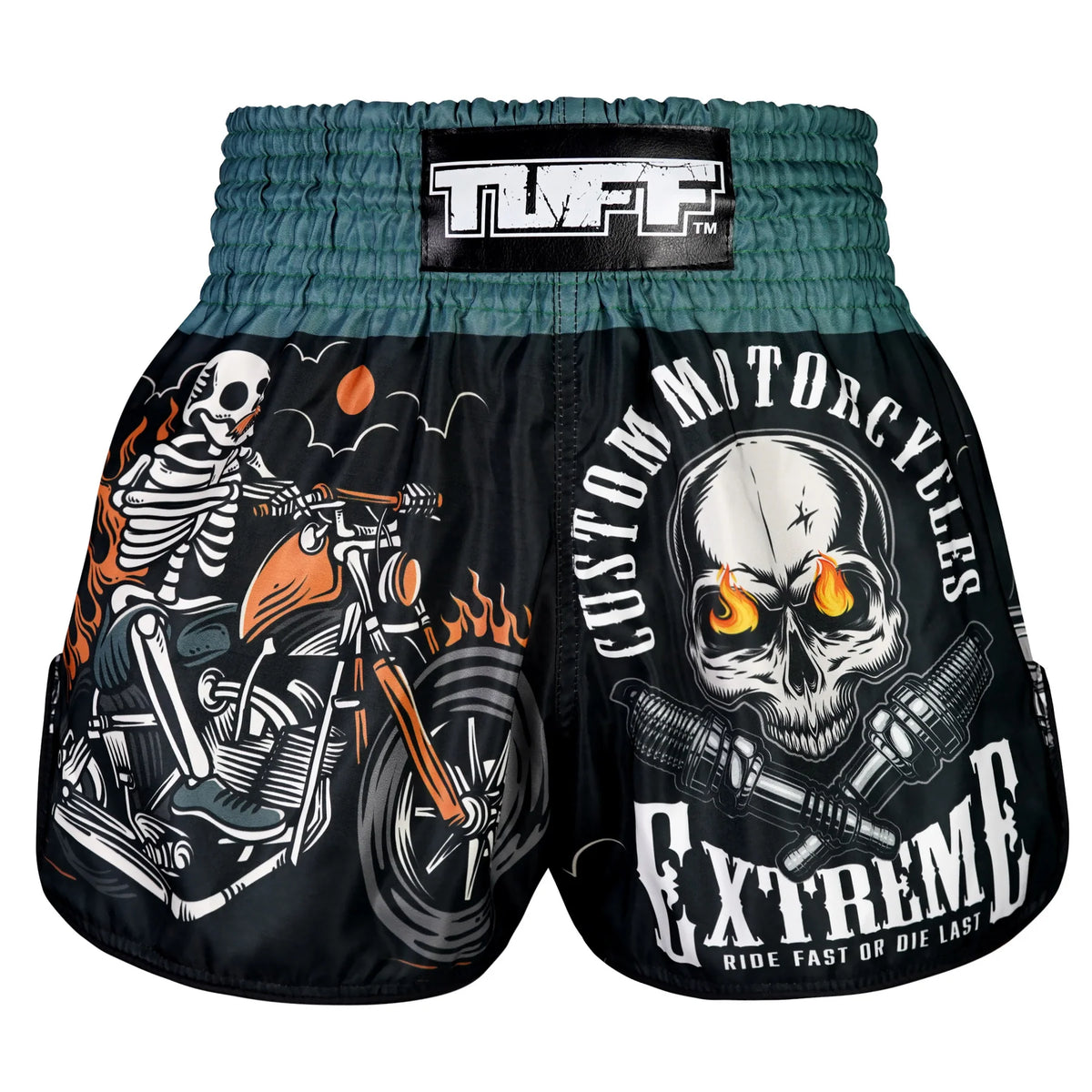 TUFF MUAY THAI SHORTS HIGH CUT RETRO SKULL RIDER BLACK/BLUE