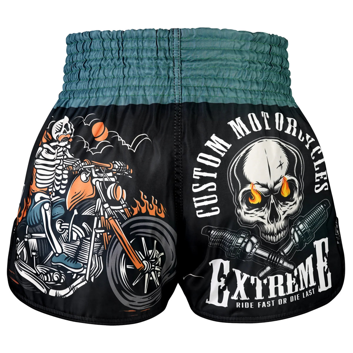 TUFF MUAY THAI SHORTS HIGH CUT RETRO SKULL RIDER BLACK/BLUE