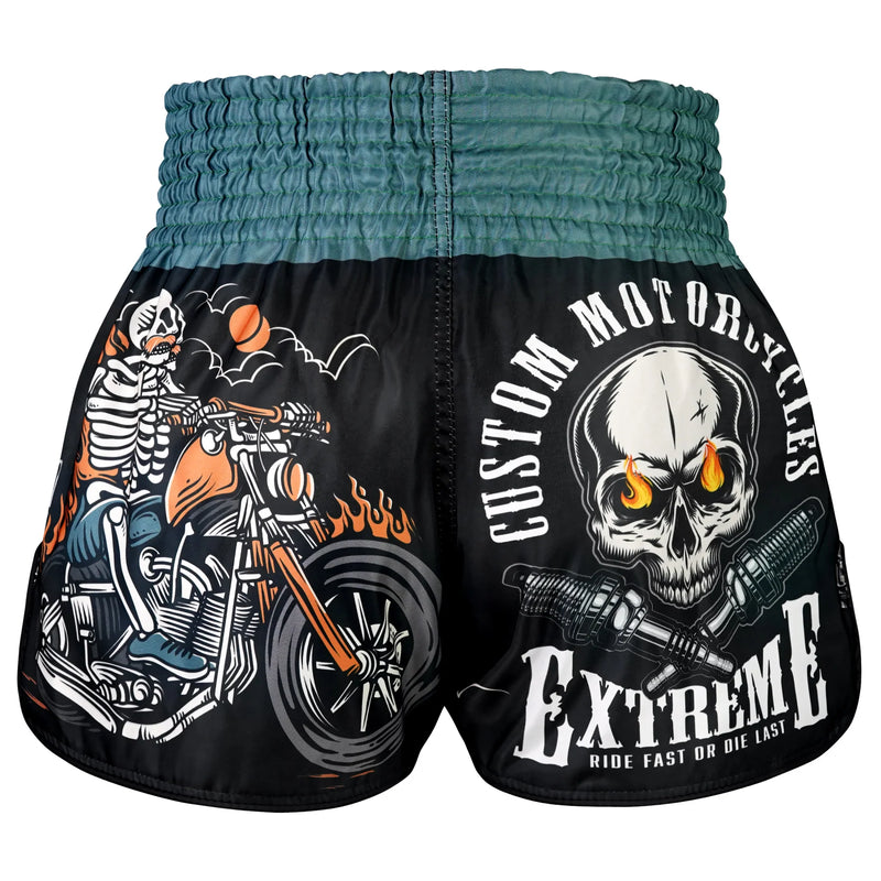 TUFF MUAY THAI SHORTS HIGH CUT RETRO SKULL RIDER BLACK/BLUE