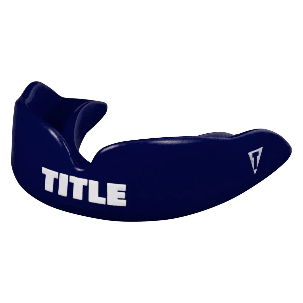 Navy blue mouthguard with 'TITLE' branding on a white background