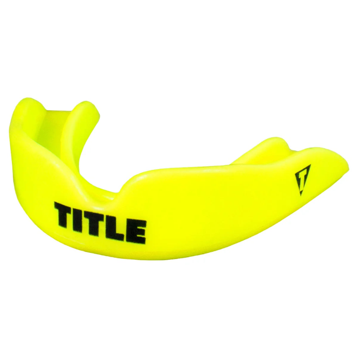 Yellow mouthguard with 'TITLE' branding on a white background