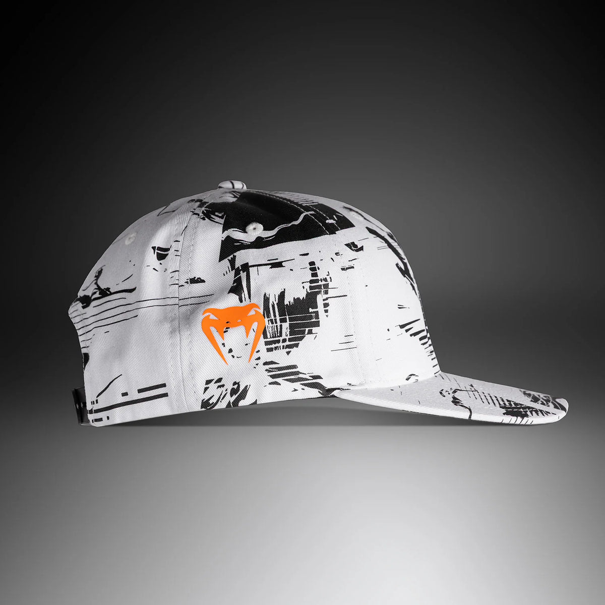Cap with abstract design and orange logo on a gray background