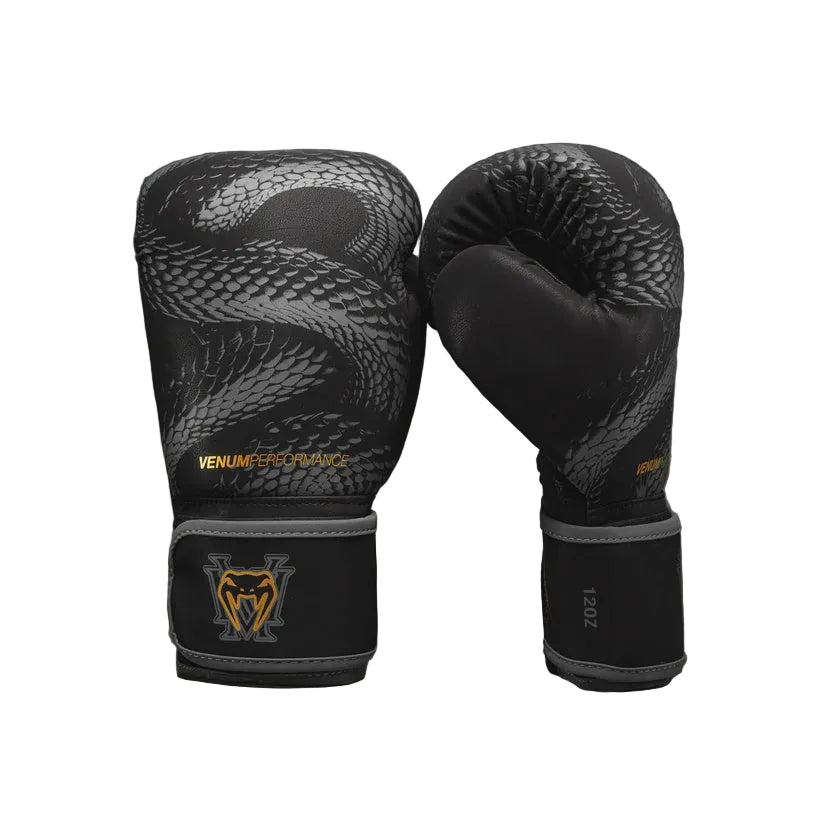 Pair of black and gray boxing gloves with snake design on a dark background