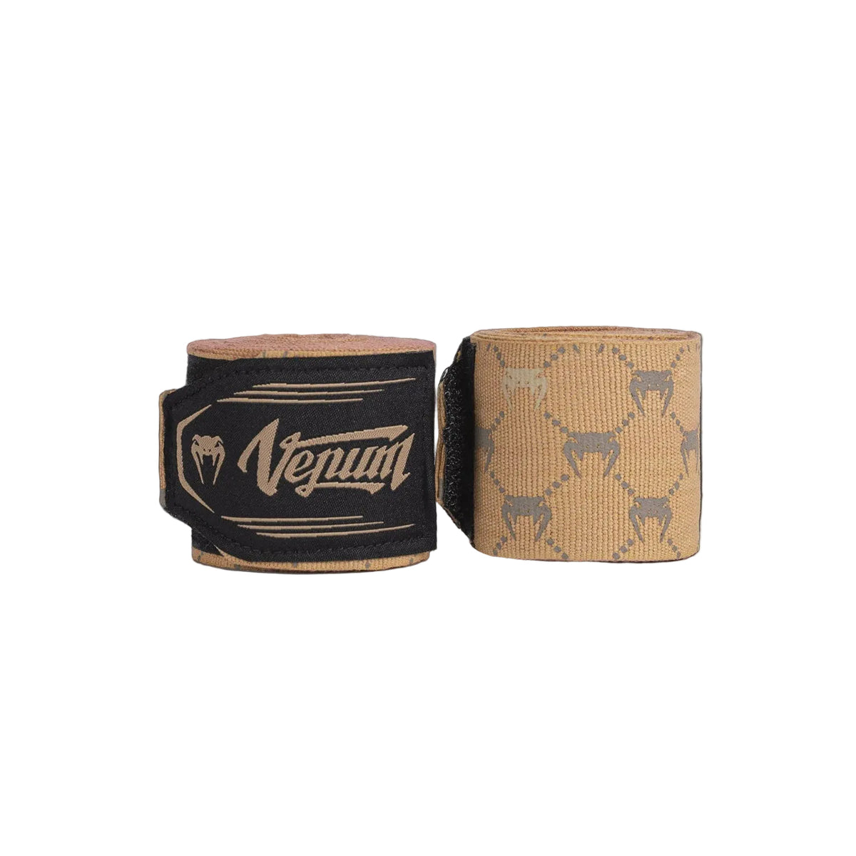 Two boxing wraps, one black with a logo and one beige with deer pattern, on a gray background.