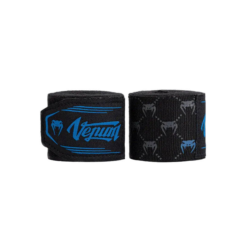 Two rolls of black boxing hand wraps with blue branding on a gray background