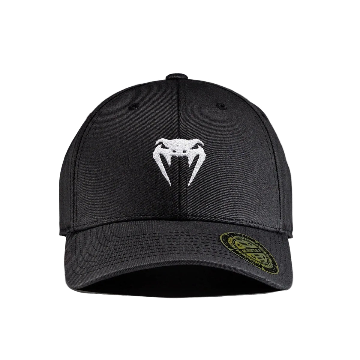 Black baseball cap featuring a white embroidered snake-head logo on the front and a green and gold patch on the brim, set against a gray gradient background.