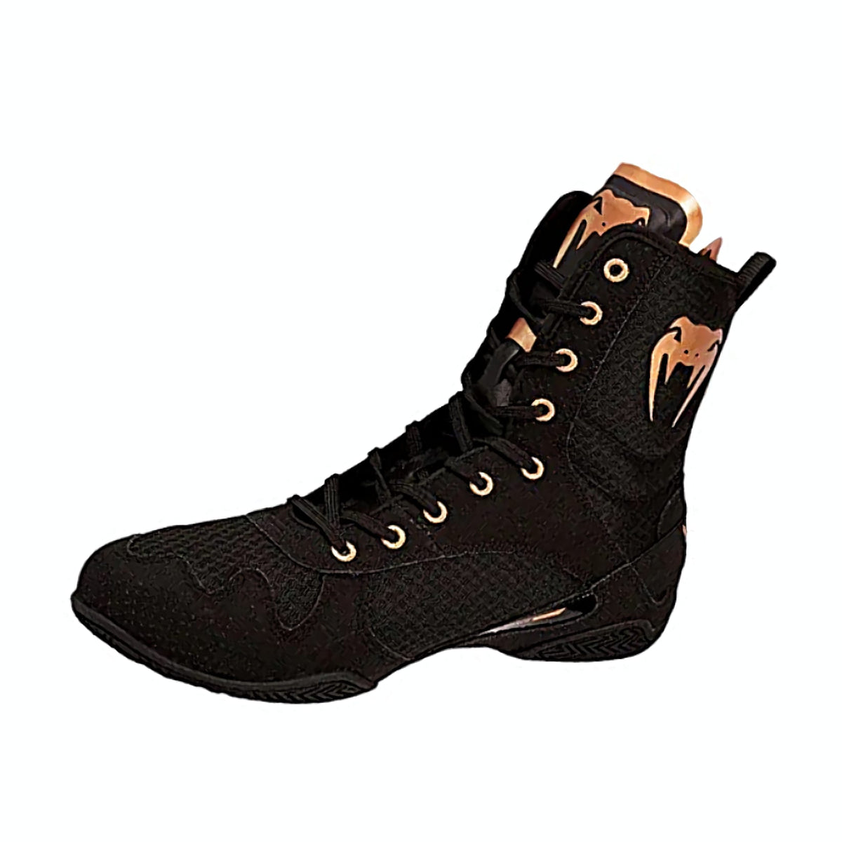Black high-top boxing shoe with gold accents on a white background