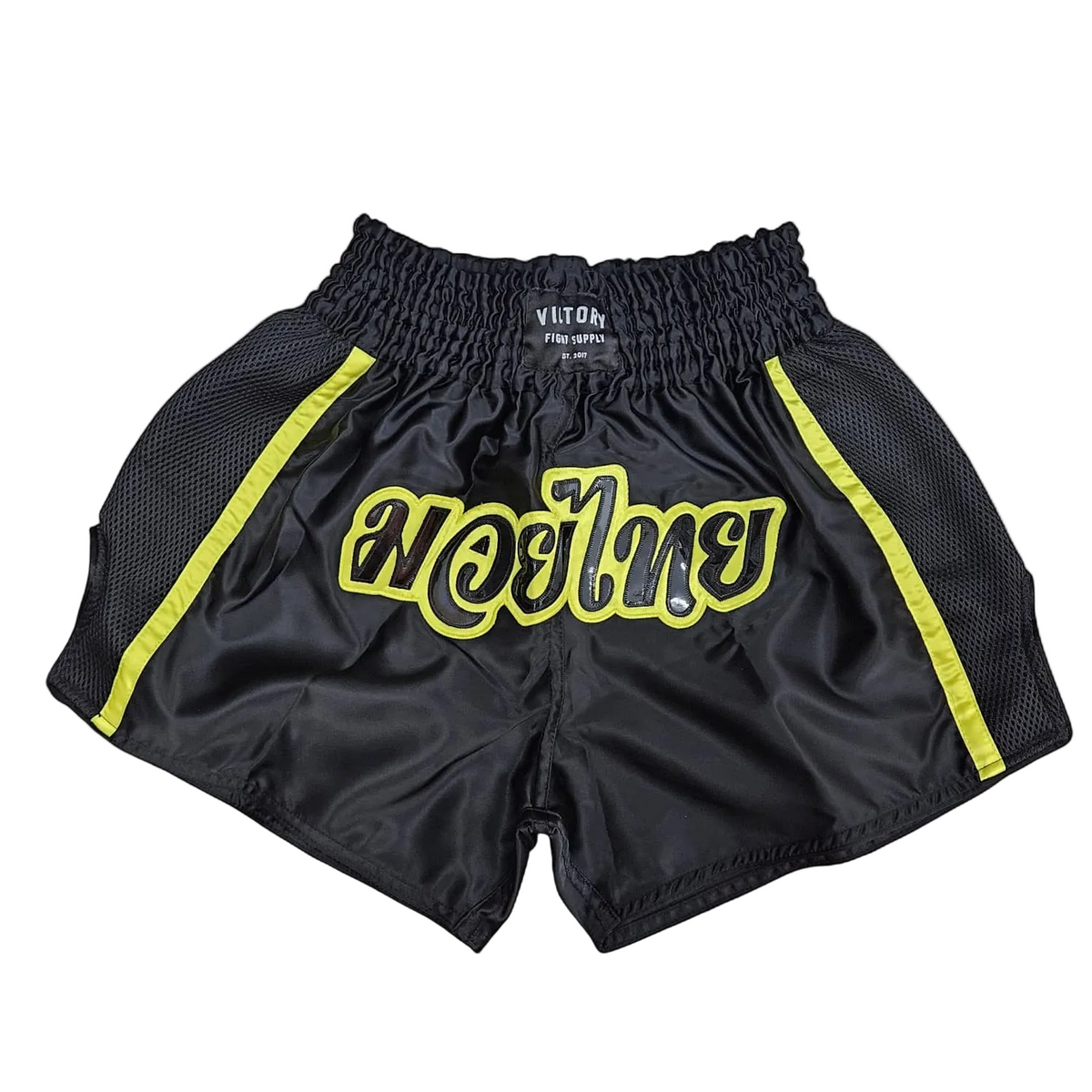 VICTORY MUAY THAI SHORTS THAI SCRIPT BLACK/YELLOW