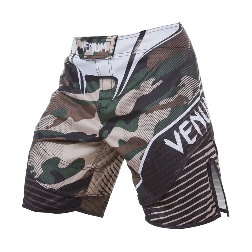 Camouflage shorts with 'Venum' branding on a light gray background