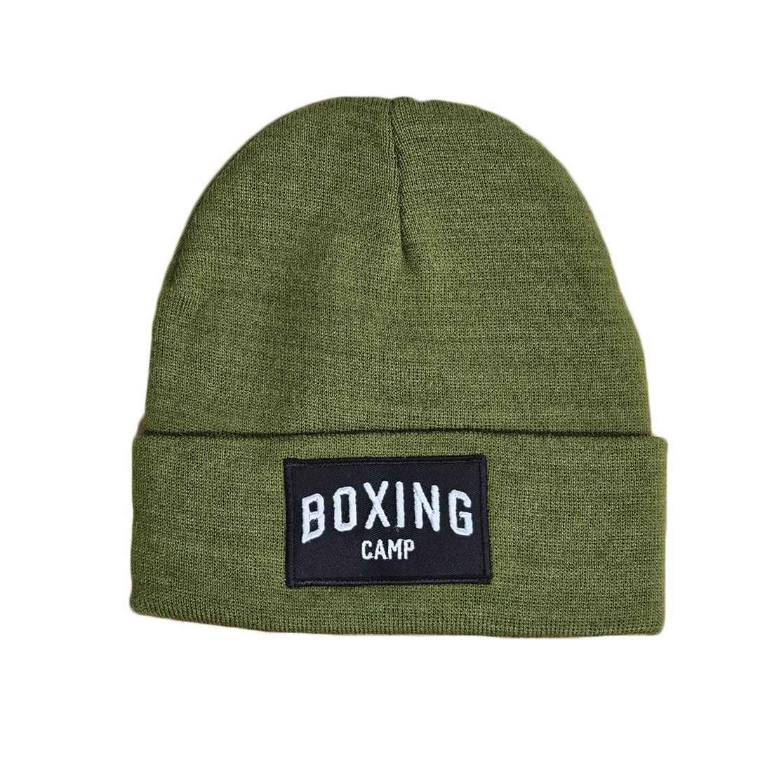 Green beanie with 'Boxing Camp' patch on a white background