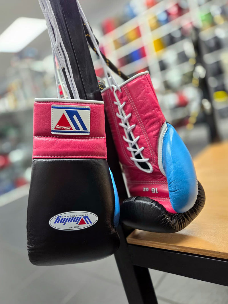 Black Winning Gloves with deep pink and sky blue Miami vice inspired