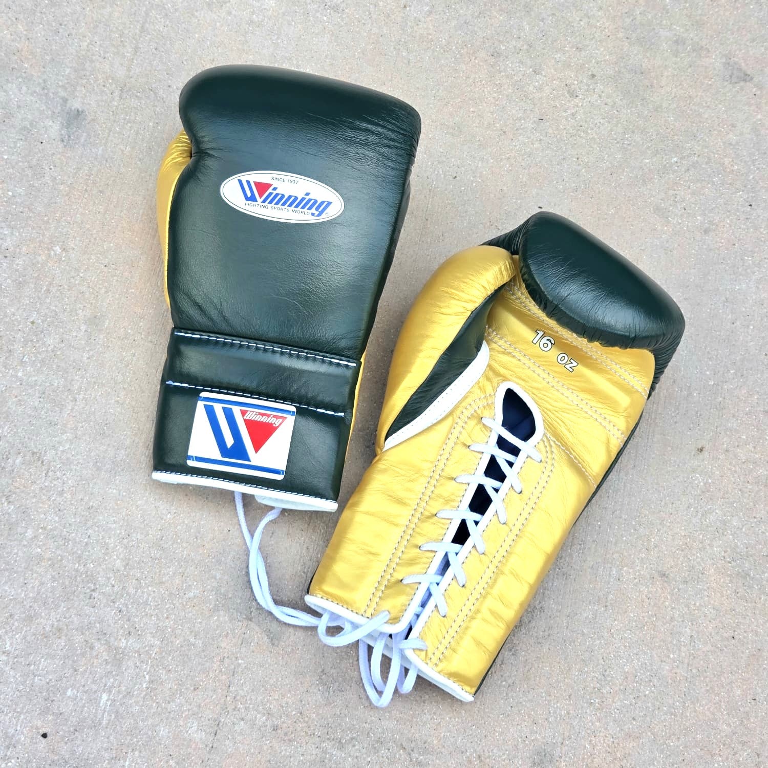 WINNING GLOVES CUSTOM LACE 16OZ GREEN/GOLD – MSM FIGHT SHOP