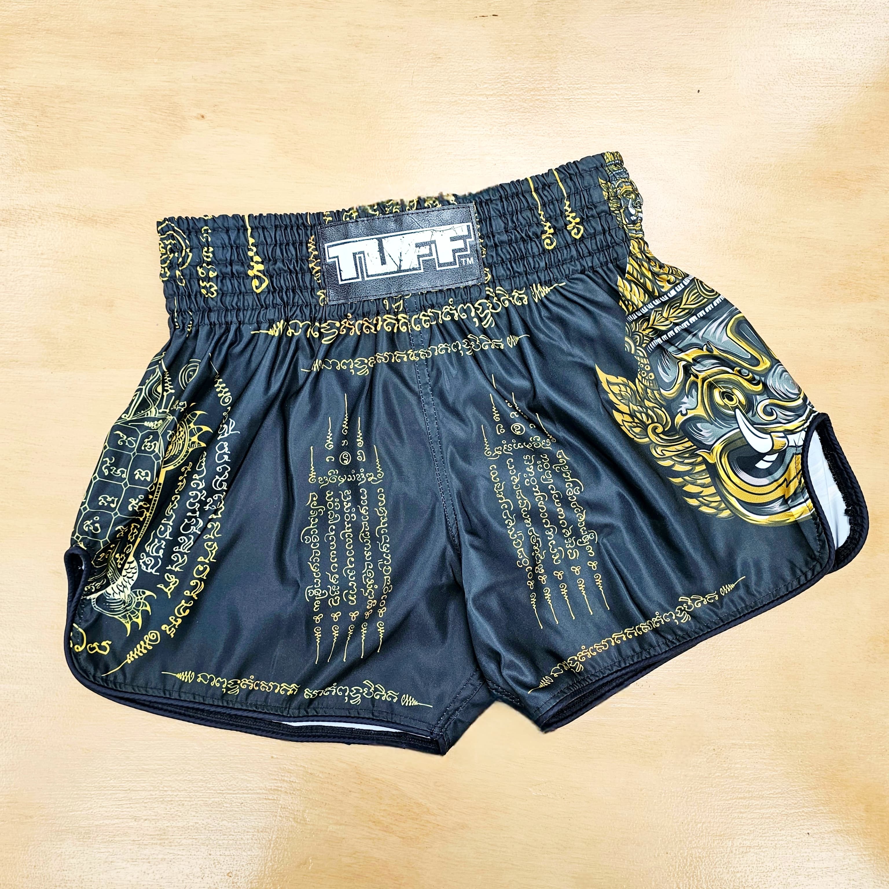 TUFF MUAY THAI SHORTS HIGH CUT RETRO YAKSA THAI SCRIPT BLACK – MSM