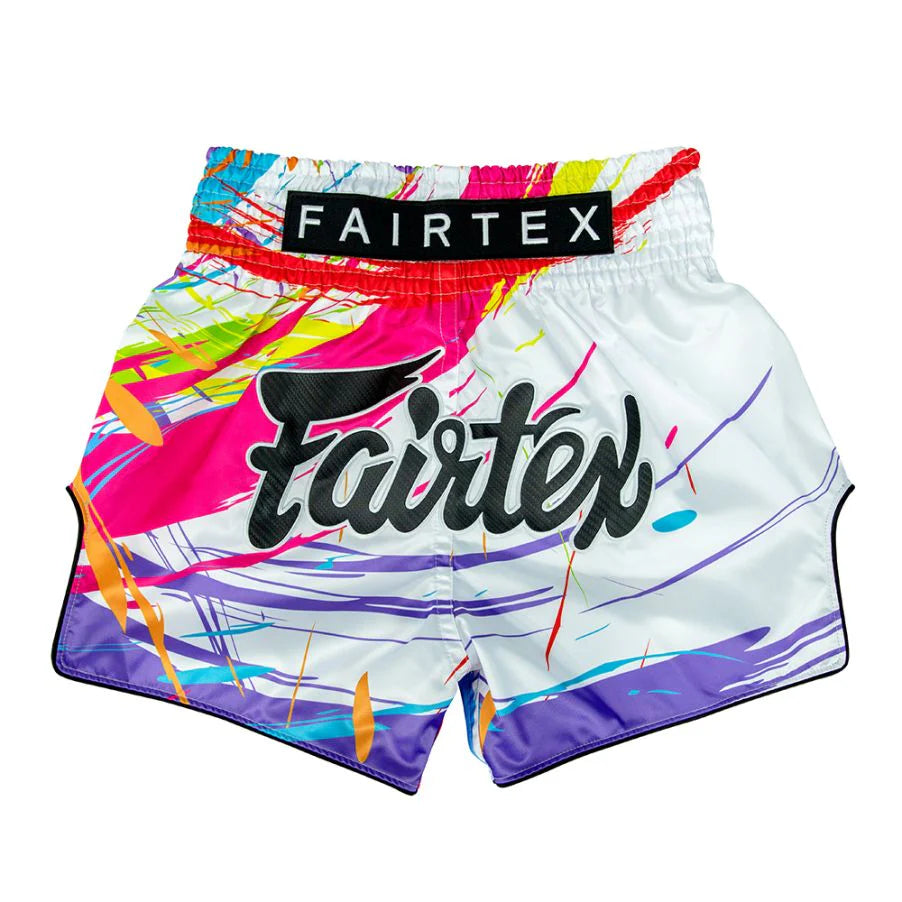 FAIRTEX THAI SHORTS SLIM CUT SATIN WORLD MUSIC WHITE/MULTICOLOR