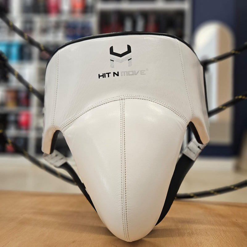 HIT N MOVE CUP LEATHER GROIN GUARD WHITE/SILVER/BLACK