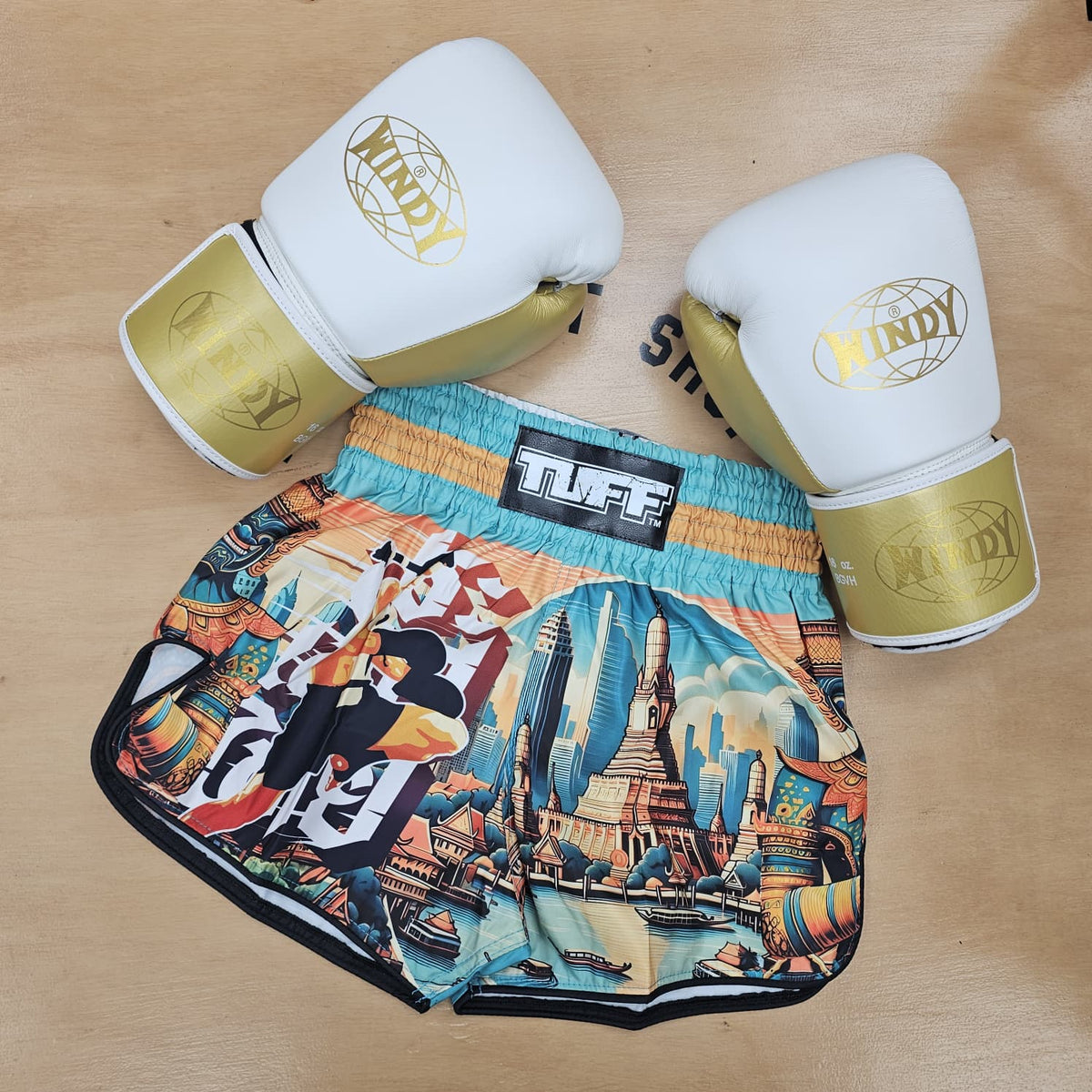 TUFF MUAY THAI SHORTS HIGH CUT RETRO LEGACY OF THAILAND BLUE/YELLOW