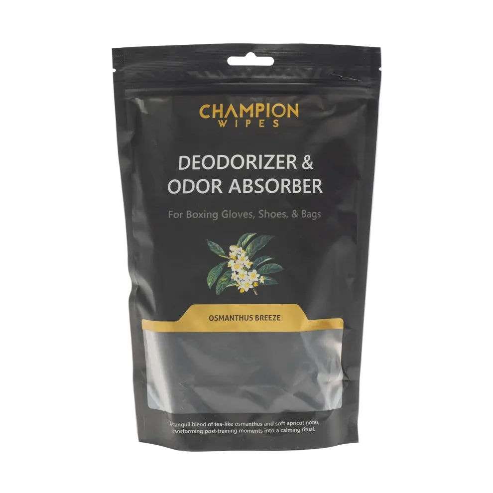 A black resealable pouch of Champion Wipes Deodorizer & Odor Absorber, Osmanthus Breeze scent, on a light gray background.
