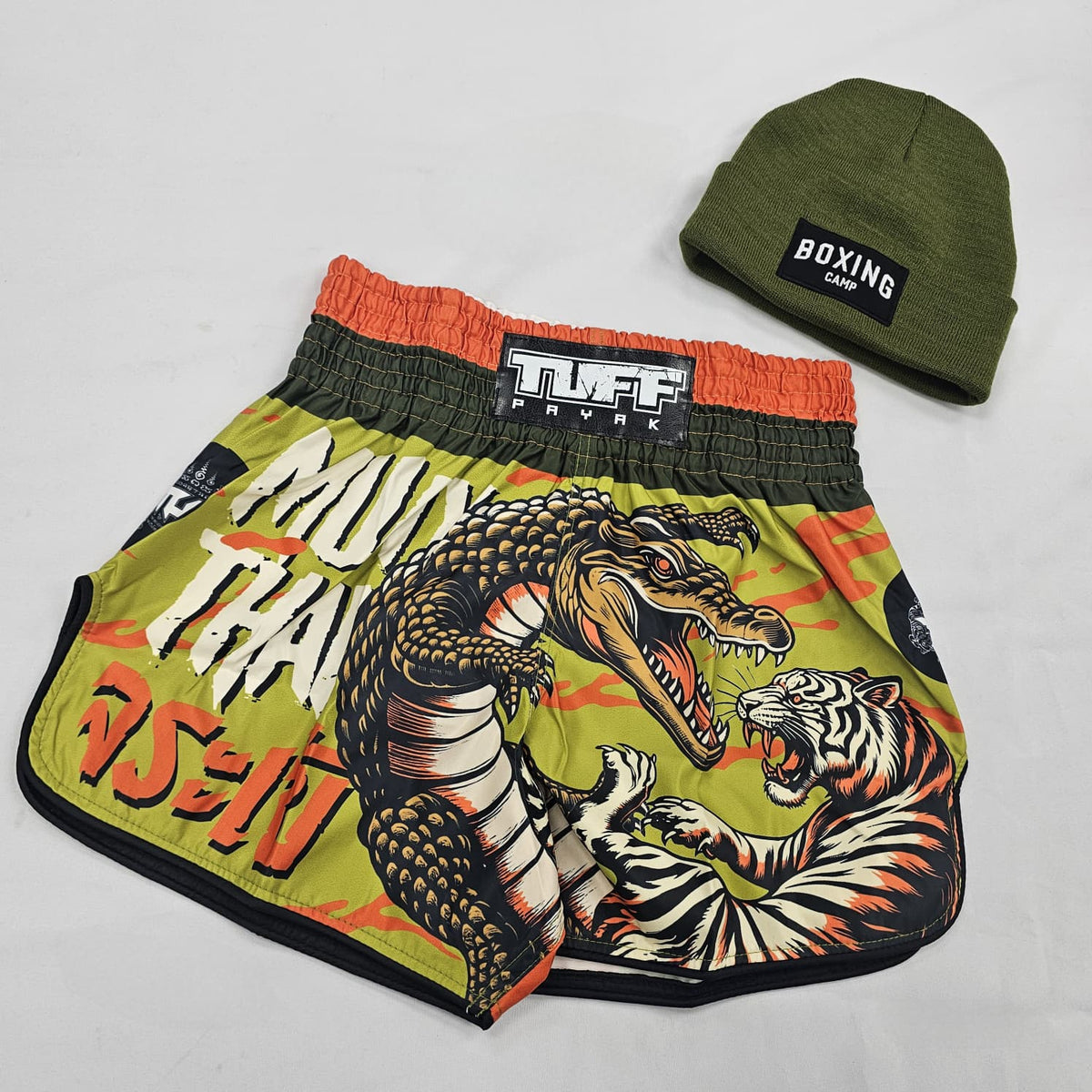 TUFF MUAY THAI SHORTS HIGH CUT RETRO LORD OF THE DEEP GREEN/ORANGE