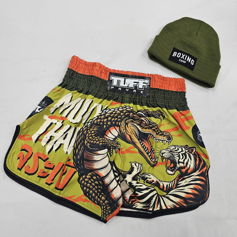 TUFF MUAY THAI SHORTS HIGH CUT RETRO LORD OF THE DEEP GREEN/ORANGE