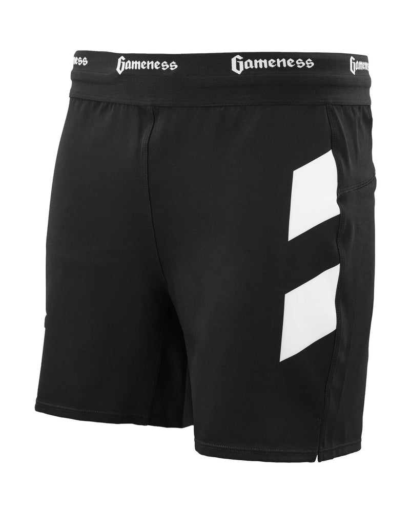 Black shorts with a white logo on a white background