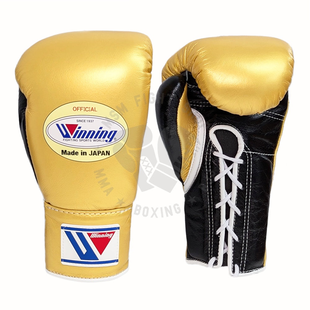WINNING GLOVES PRO FIGHT CUSTOM LACE UP 10OZ GOLD/BLACK