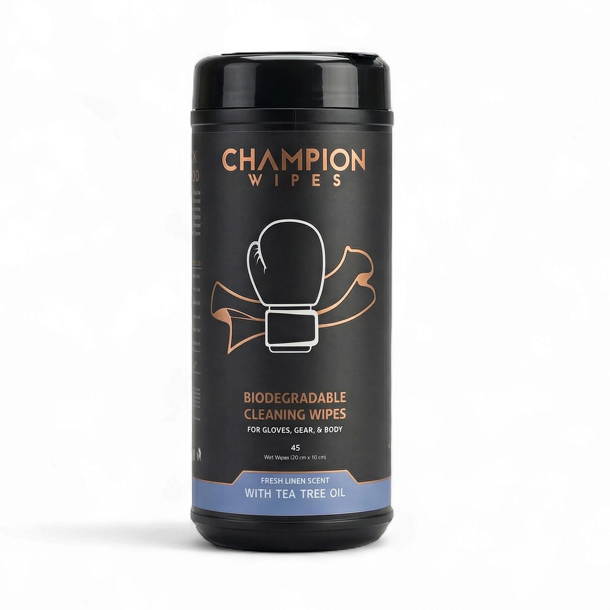 A black cylindrical canister of Champion Wipes biodegradable cleaning wipes, featuring a white boxing glove graphic and gold lettering, on a clean white background.