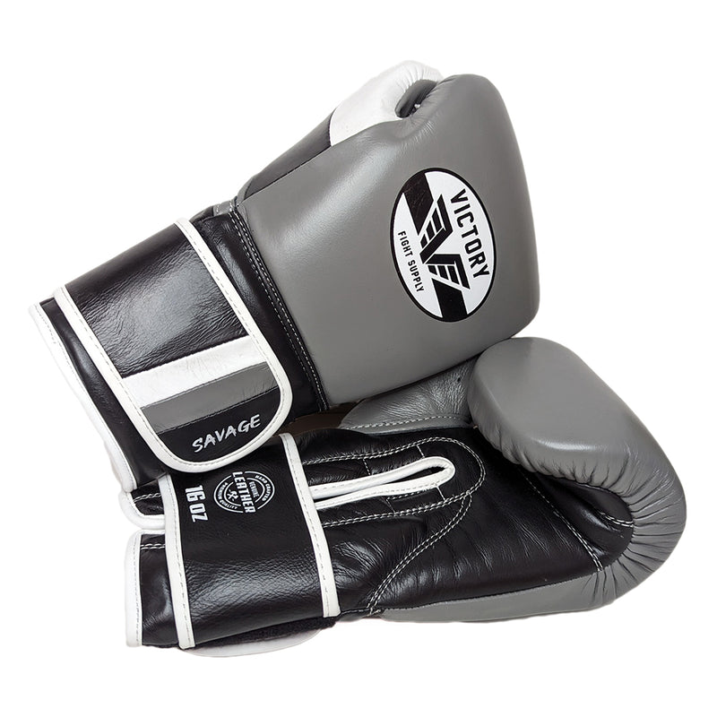 VICTORY GLOVES SAVAGE V2 LEATHER HOOK AND LOOP GREY/BLK/WHT