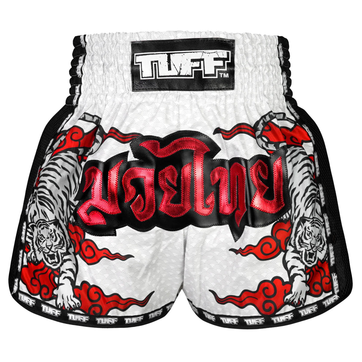 TUFF MUAY THAI SHORTS RETRO DOUBLE TIGER WHITE/RED