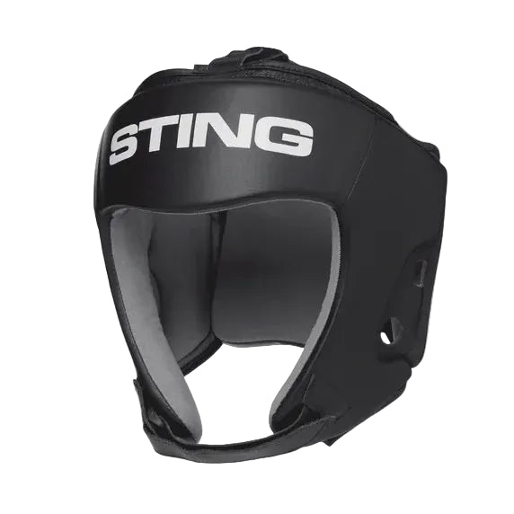 Black headgear with 'STING' branding on a gray background