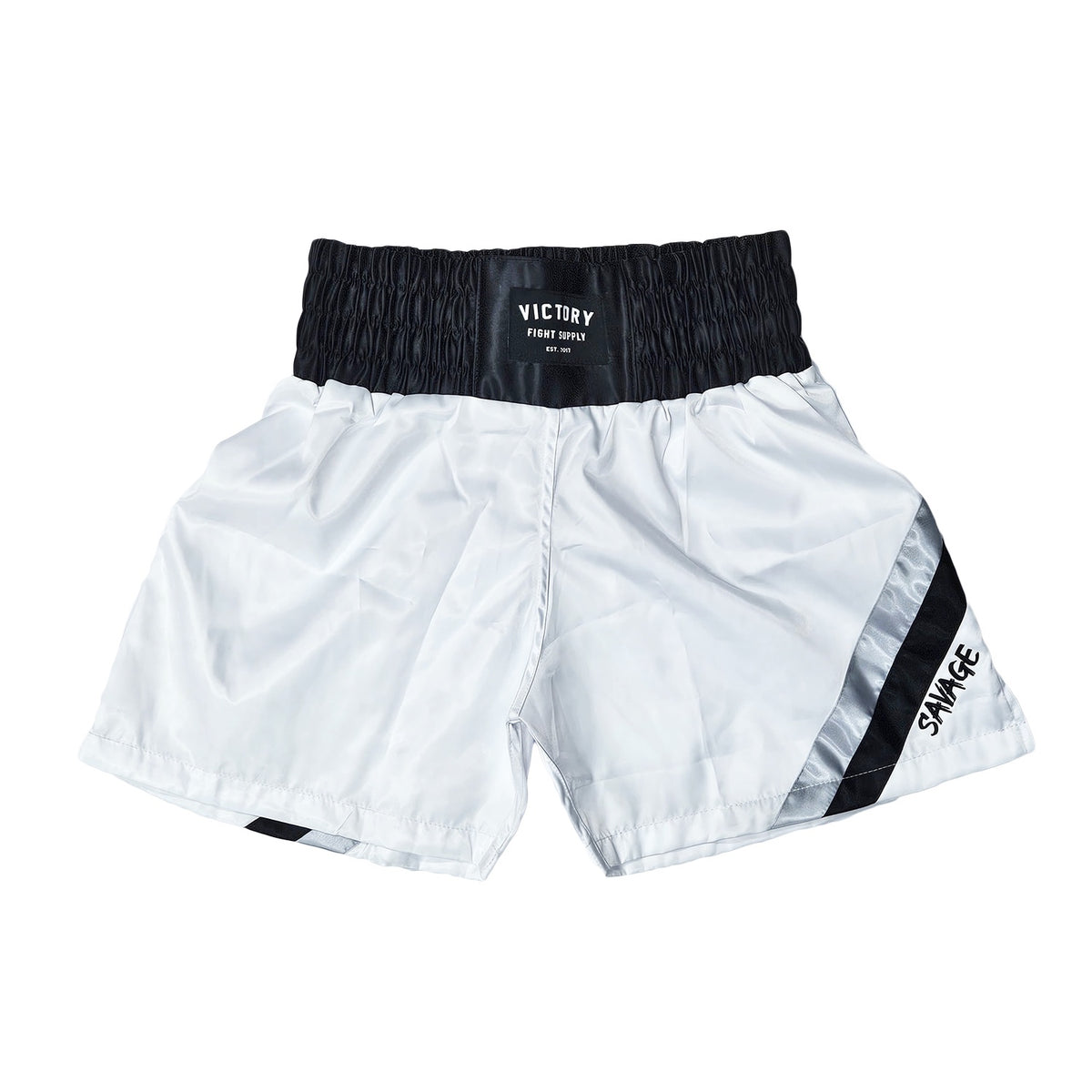 VICTORY BOXING SHORTS SAVAGE HYBRID WHITE/BLACK/SILVER