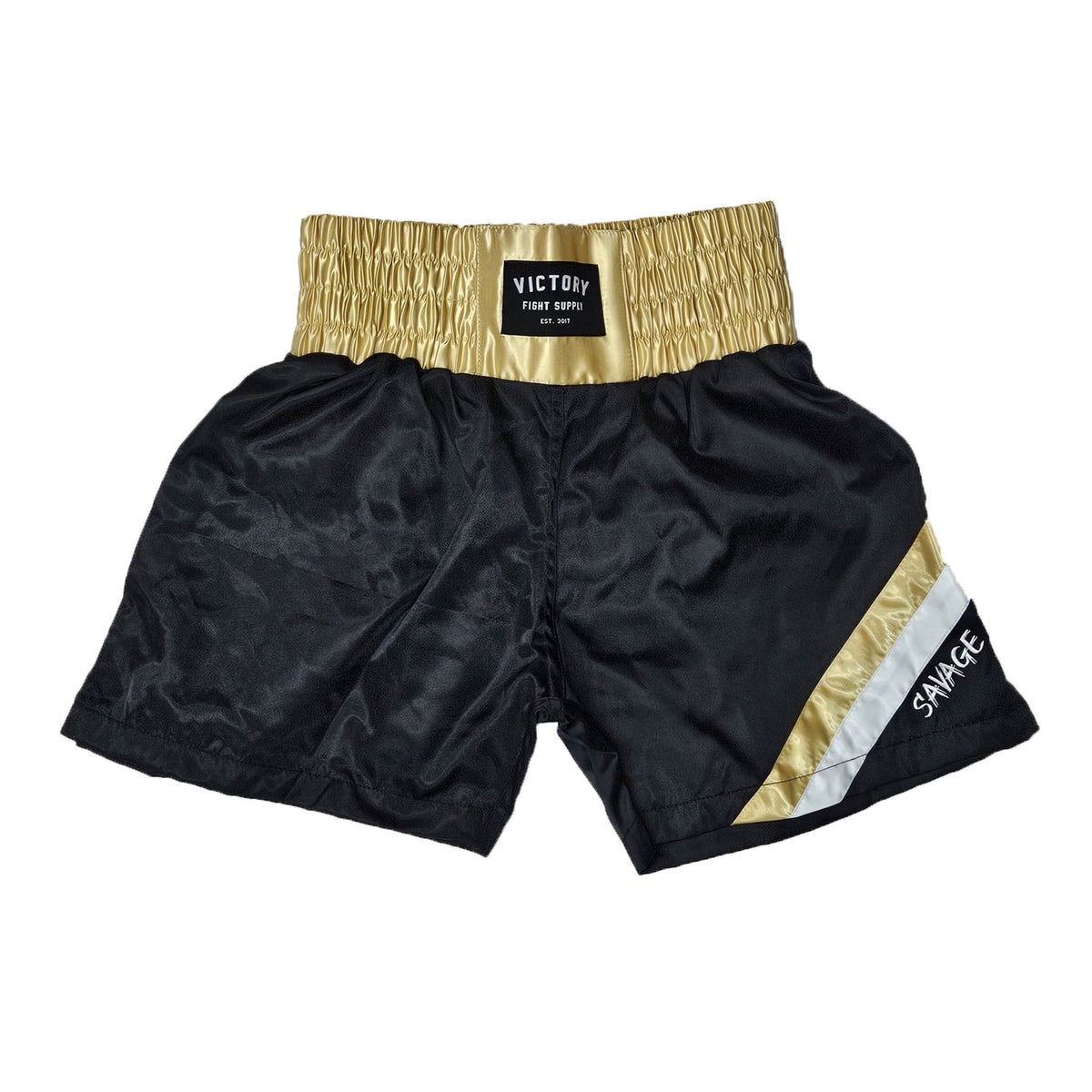 VICTORY BOXING SHORTS SAVAGE HYBRID BLACK/GOLD/WHITE