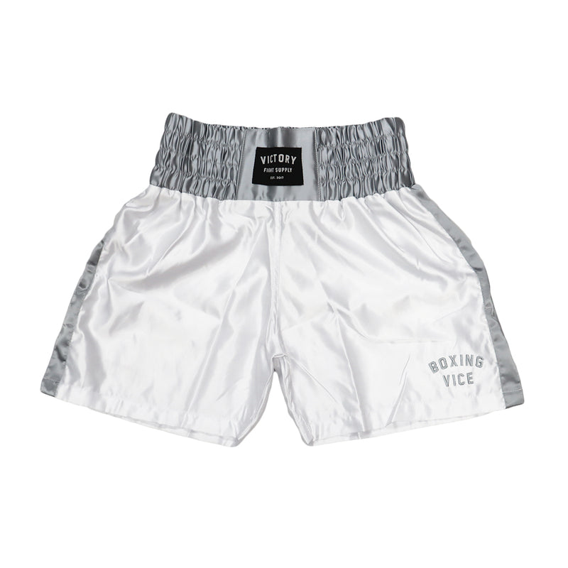 VICTORY BOXING SHORTS VICE SERIES SHORTER HYBRID CUT WHITE/SILVER