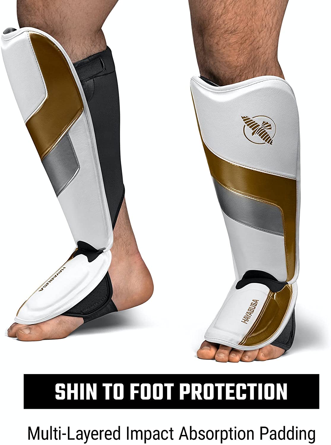 HAYABUSA SHINGUARDS FULL BACK T3 MMA IN STEP WHITE/GOLD – MSM