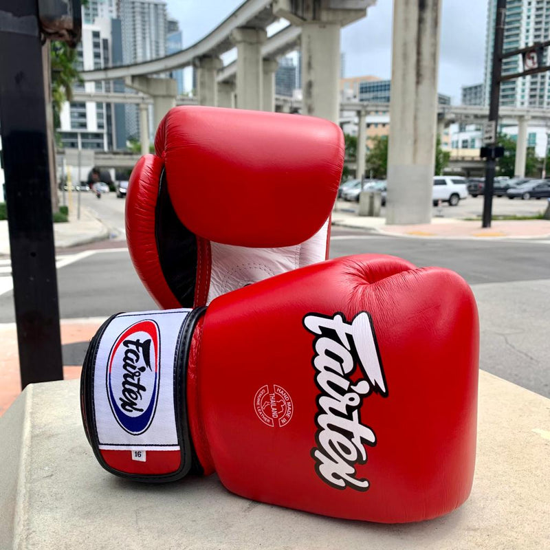 FAIRTEX GLOVES BGV1 HOOK AND LOOP LEATHER RED/WHITE/BLACK