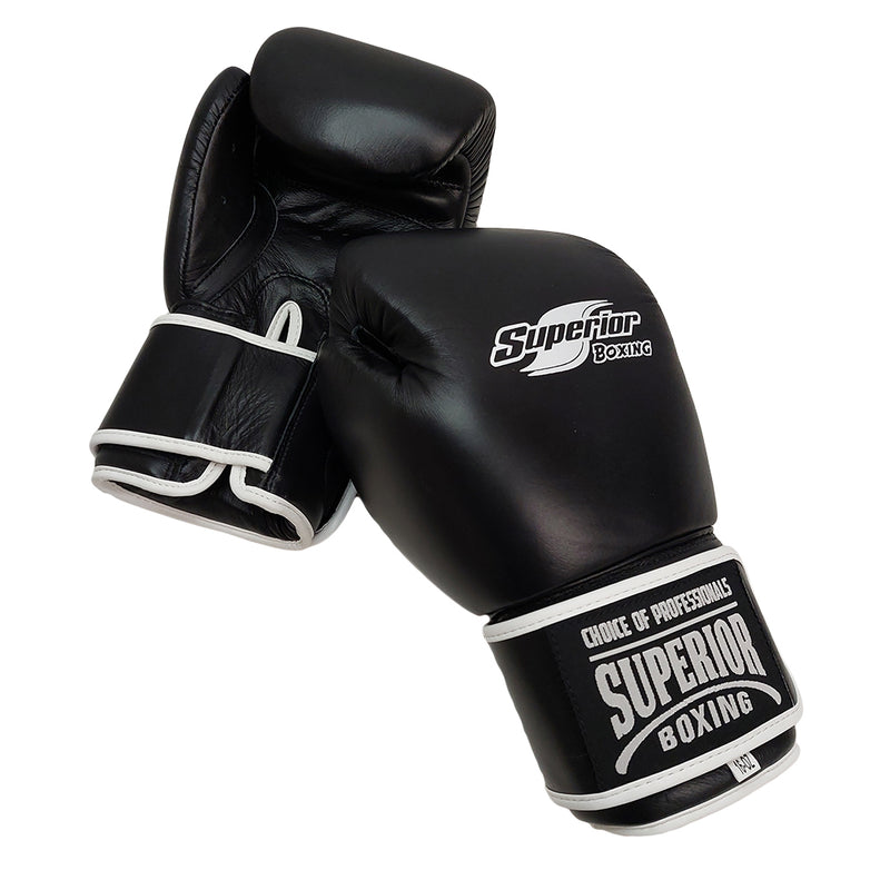 SUPERIOR GLOVES MUAY THAI BOXING LEATHER HOOK & LOOP BLACK