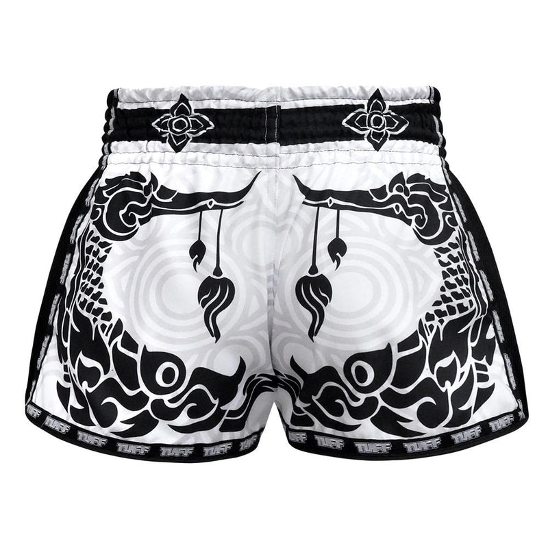 TUFF MUAY THAI SHORTS RETRO STYLE DRAGON WHITE/BLACK