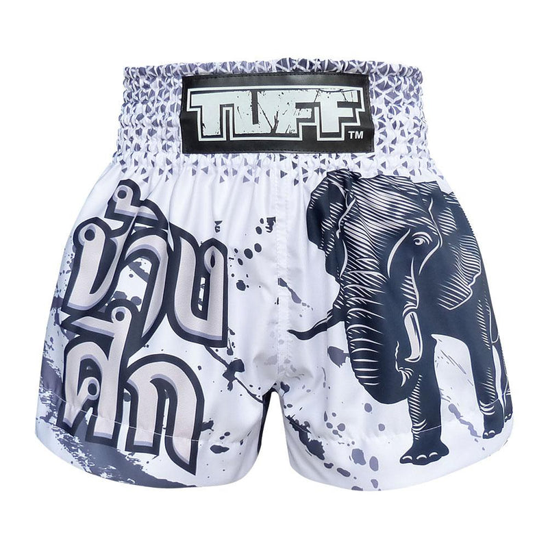 TUFF MUAY THAI SHORTS WAR ELEPHANT WHITE/BLUE