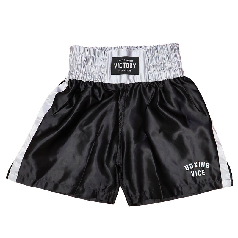 VICTORY BOXING SHORTS VICE SERIES SHORTER HYBRID CUT BLACK/SILVER