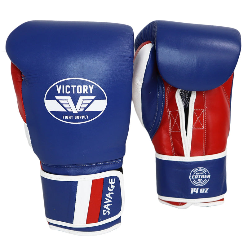 VICTORY GLOVES SAVAGE V2 LEATHER HOOK AND LOOP BLUE/RED/WHITE