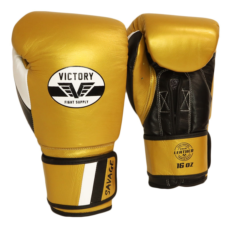 VICTORY GLOVES SAVAGE V2 LEATHER HOOK AND LOOP GOLD / BLACK/WHITE