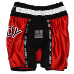 SATIN MUAY THAI SHORTS RED BLACK AND WHITE