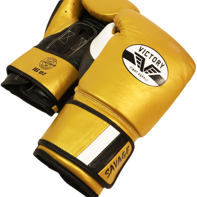 VICTORY GLOVES SAVAGE V2 LEATHER HOOK AND LOOP GOLD / BLACK/WHITE