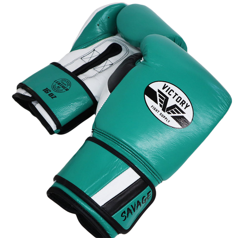 VICTORY GLOVES SAVAGE V2 LEATHER HOOK AND LOOP AQUA/BLACK/WHITE