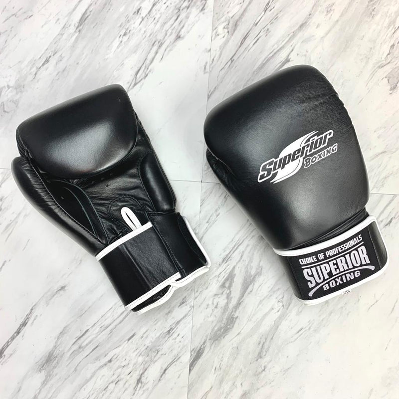 SUPERIOR GLOVES MUAY THAI BOXING LEATHER HOOK & LOOP BLACK
