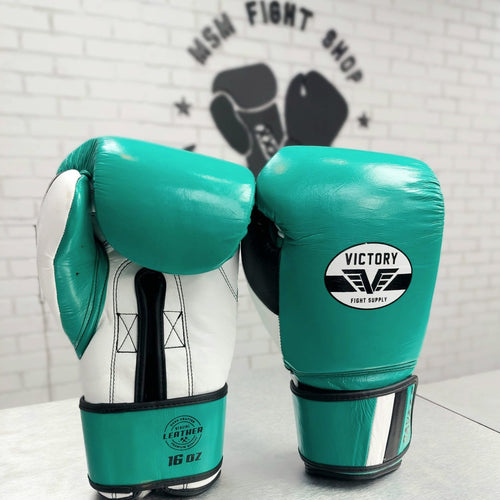 VICTORY GLOVES SAVAGE V2 LEATHER HOOK AND LOOP AQUA/BLACK/WHITE