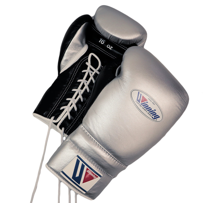 WINNING GLOVES CUSTOM LACE 16OZ SILVER/ BLACK – MSM FIGHT SHOP