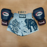 TUFF MUAY THAI SHORTS WAR ELEPHANT WHITE/BLUE