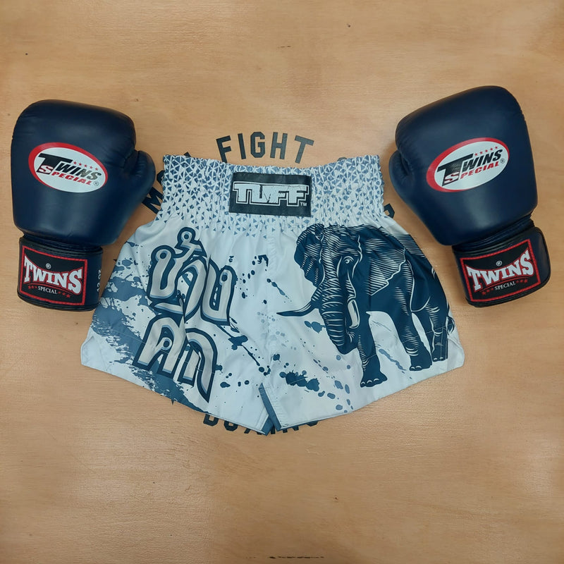 TUFF MUAY THAI SHORTS WAR ELEPHANT WHITE/BLUE